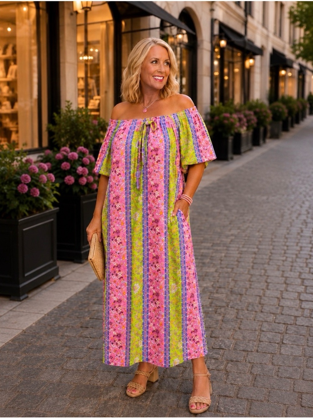 NWT Easel Pink Purple Green Floral Paisley Striped Off-Shoulder Maxi Dress - Picture 4 of 11